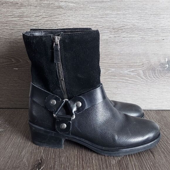 Franco Sarto Shoes - Franco Sarto Benton Biker Moto Harness Boots Black Leather Suede 6.5